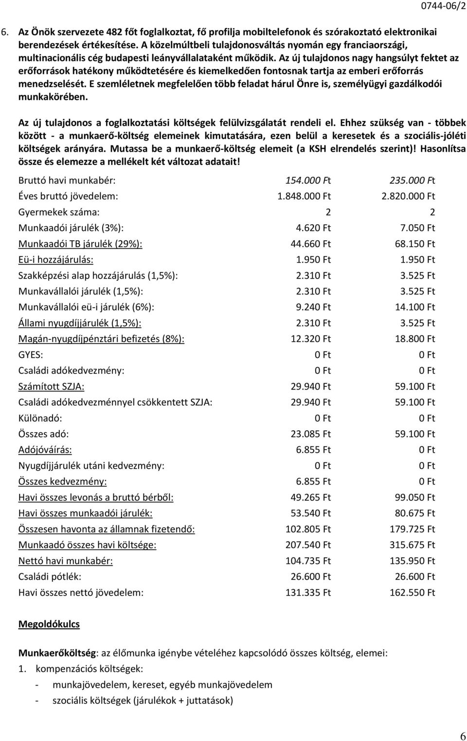 Mutassa be a munkaerő-költség elemeit (a KSH elrendelés szerint)! Hasonlítsa össze és elemezze a mellékelt két változat adatait! Bruttó havi munkabér: 154.000 Ft 235.000 Ft Éves bruttó jövedelem: 1.