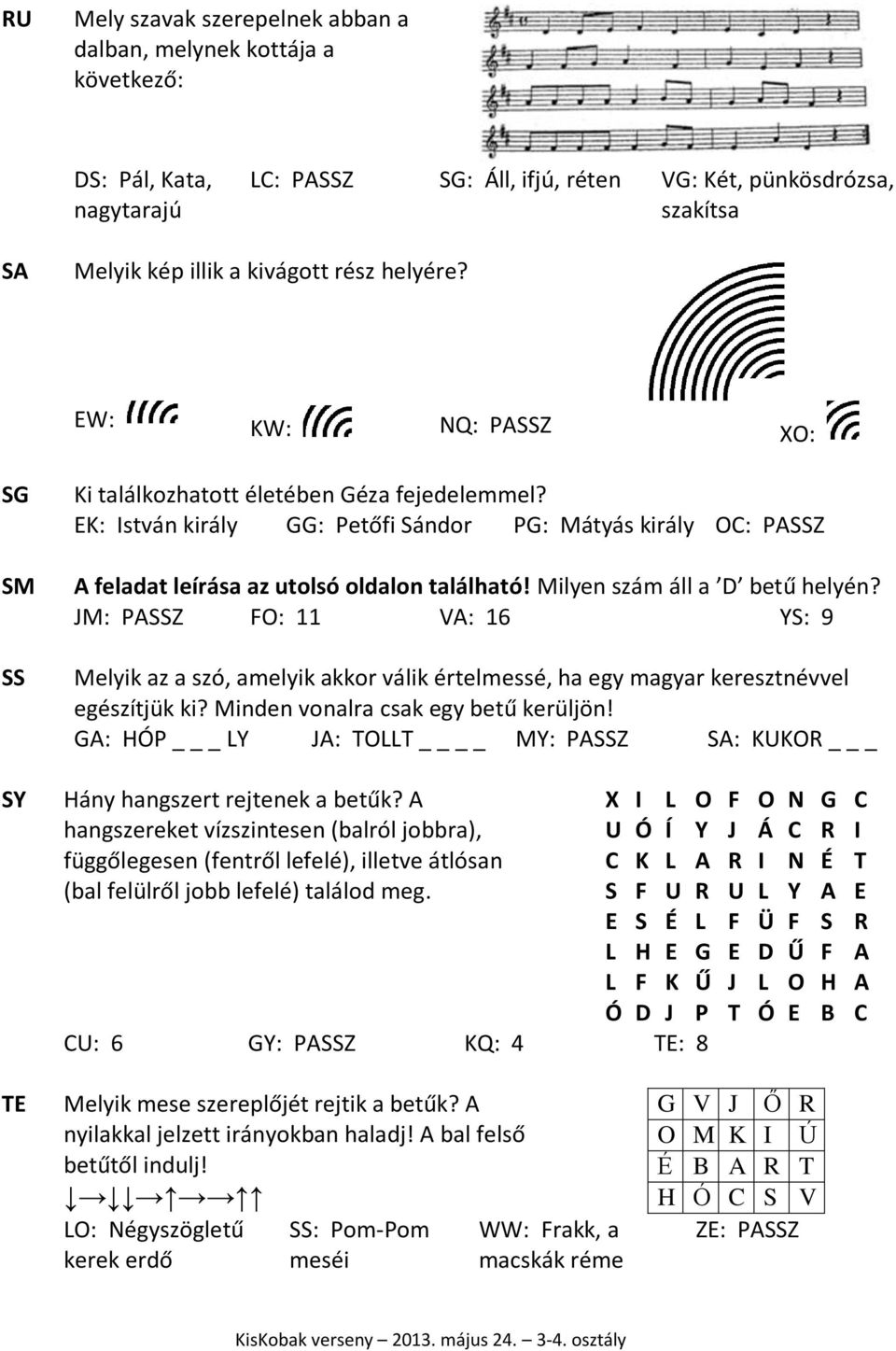 Milyen szám áll a D betű helyén? JM: PASSZ FO: 11 VA: 16 YS: 9 Melyik az a szó, amelyik akkor válik értelmessé, ha egy magyar keresztnévvel egészítjük ki? Minden vonalra csak egy betű kerüljön!