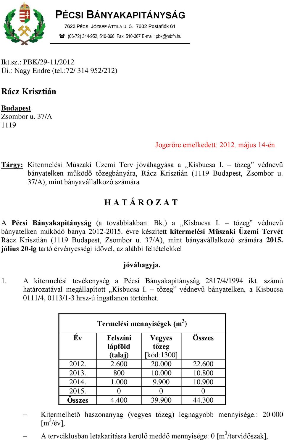 tőzeg védnevű bányatelken működő tőzegbányára, Rácz Krisztián (1119 Budapest, Zsombor u. 37/A), mint bányavállalkozó számára H A T Á R O Z A T A Pécsi Bányakapitányság (a továbbiakban: Bk.