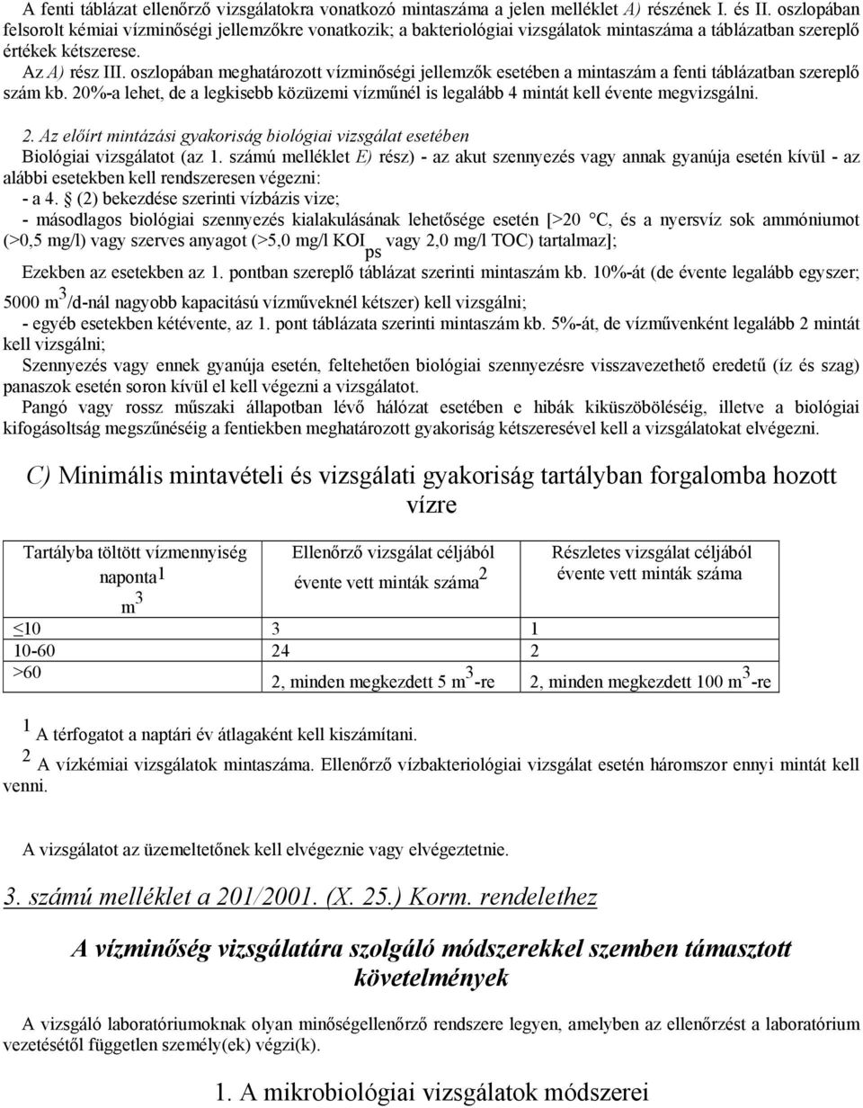 oszlopában meghatározott vízminőségi jellemzők esetében a mintaszám a fenti táblázatban szereplő szám kb. 20%-a lehet, de a legkisebb közüzemi vízműnél is legalább 4 mintát kell évente megvizsgálni.
