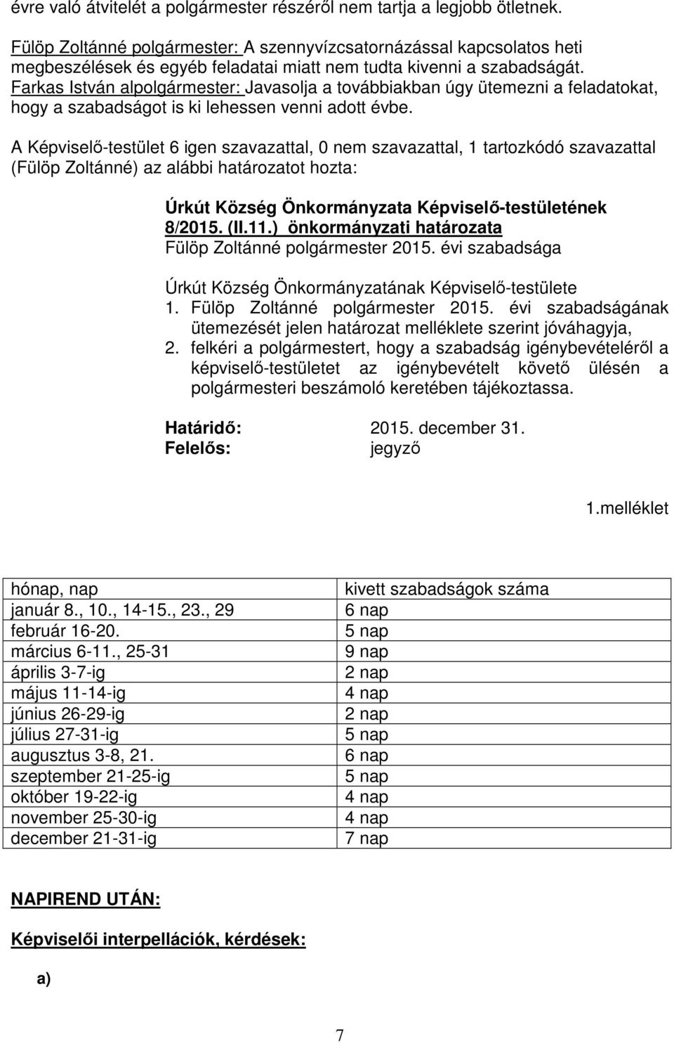 Farkas István alpolgármester: Javasolja a továbbiakban úgy ütemezni a feladatokat, hogy a szabadságot is ki lehessen venni adott évbe.