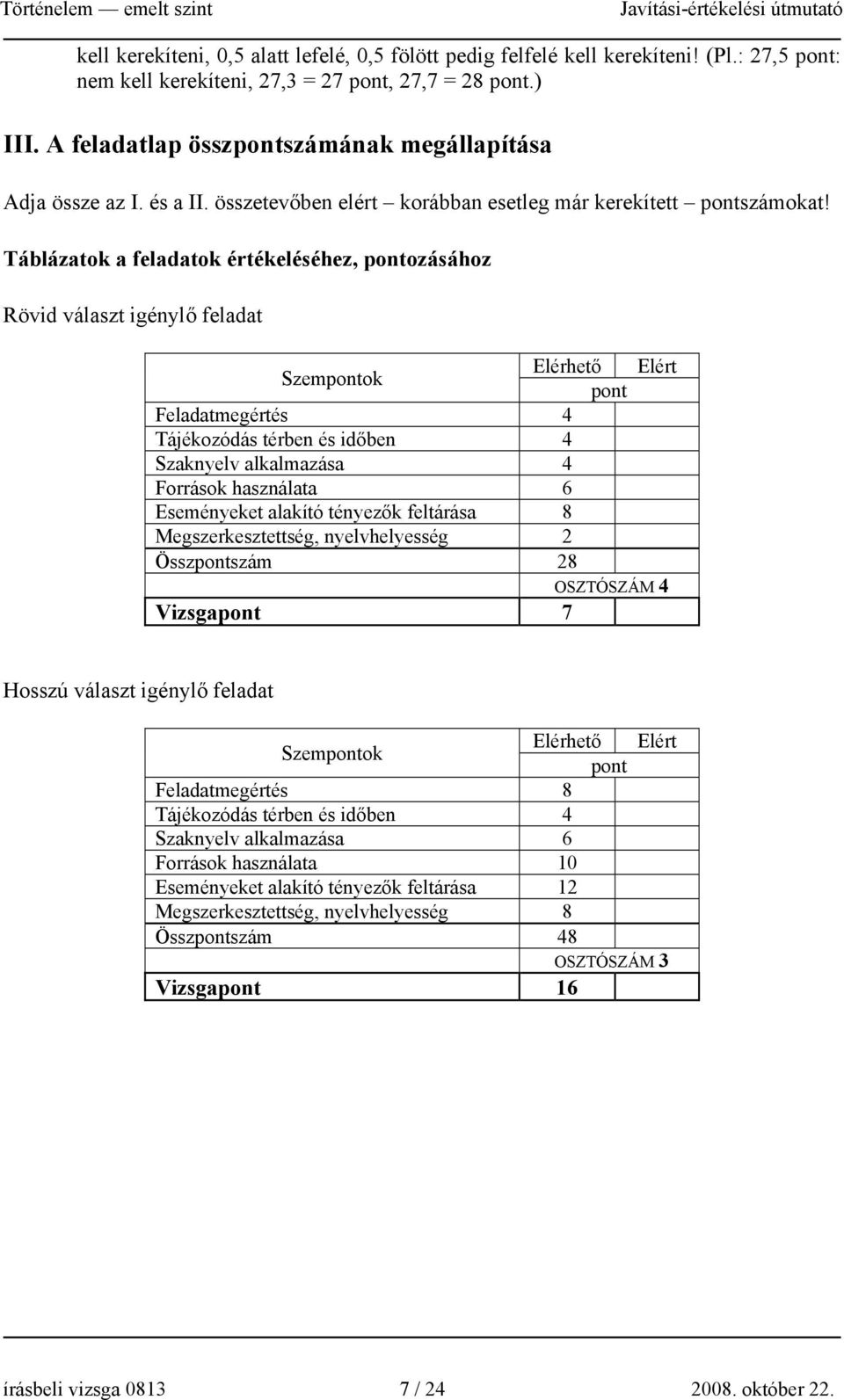 Táblázatok a feladatok értékeléséhez, pontozásához Rövid választ igénylő feladat Szempontok Elérhető Elért pont Feladatmegértés 4 Tájékozódás térben és időben 4 Szaknyelv alkalmazása 4 Források