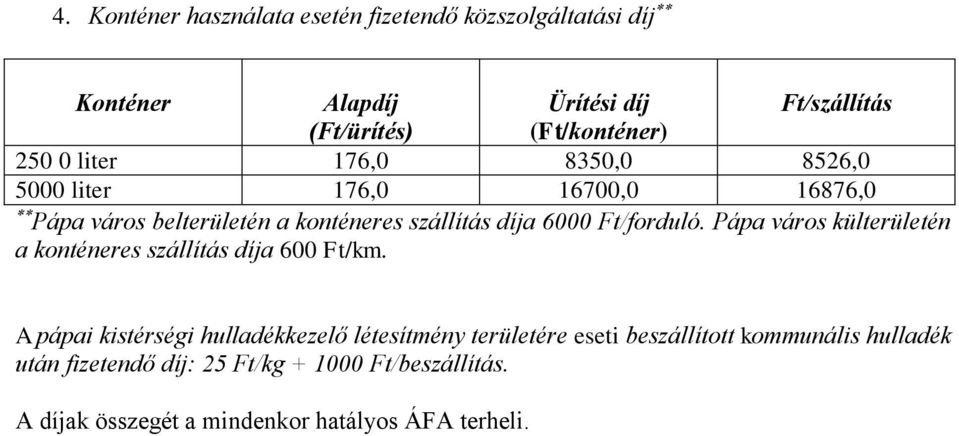 Ft/forduló. Pápa város külterületén a konténeres szállítás díja 600 Ft/km.