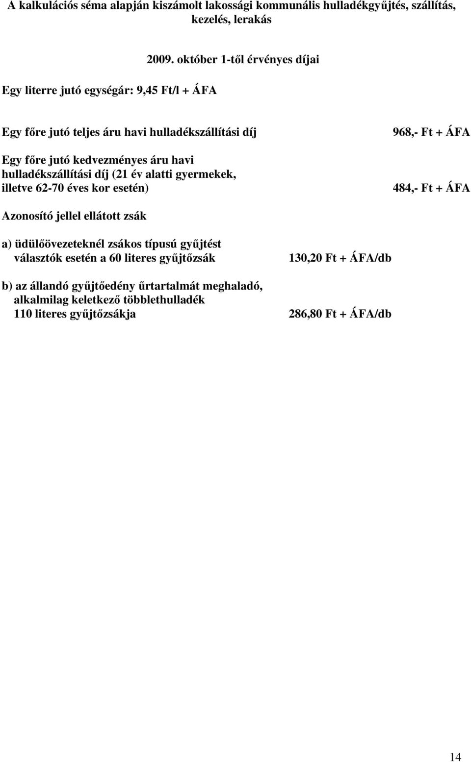 gyermekek, illetve 62-70 éves kor esetén) 968,- Ft + ÁFA 484,- Ft + ÁFA Azonosító jellel ellátott zsák a) üdülıövezeteknél zsákos típusú győjtést választók