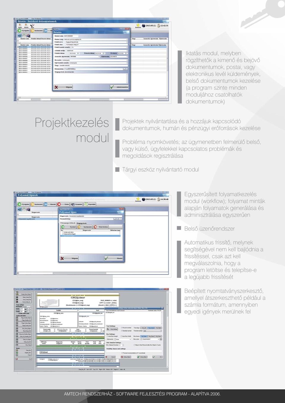 külső, ügyfelekkel kapcsolatos problémák és megoldások regisztrálása Tárgyi eszköz nyilvántartó modul Egyszerűsített folyamatkezelés modul (workflow); folyamat minták alapján folyamatok generálása és