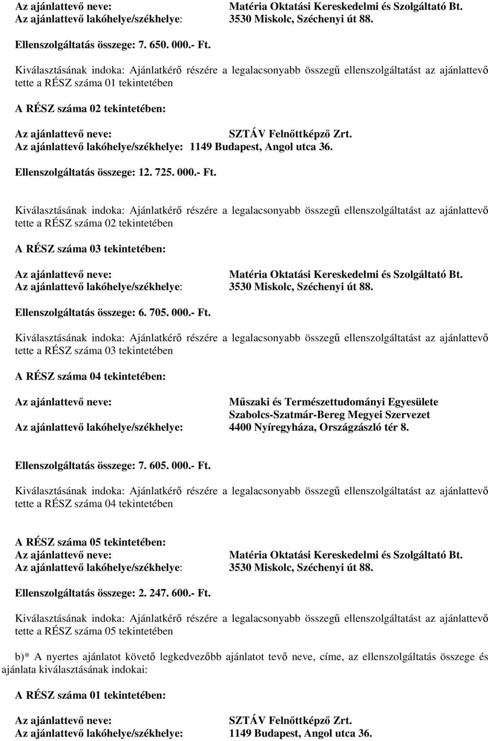 Az ajánlattevő lakóhelye/székhelye: 1149 Budapest, Angol utca 36. Ellenszolgáltatás összege: 12. 725. 000.- Ft.