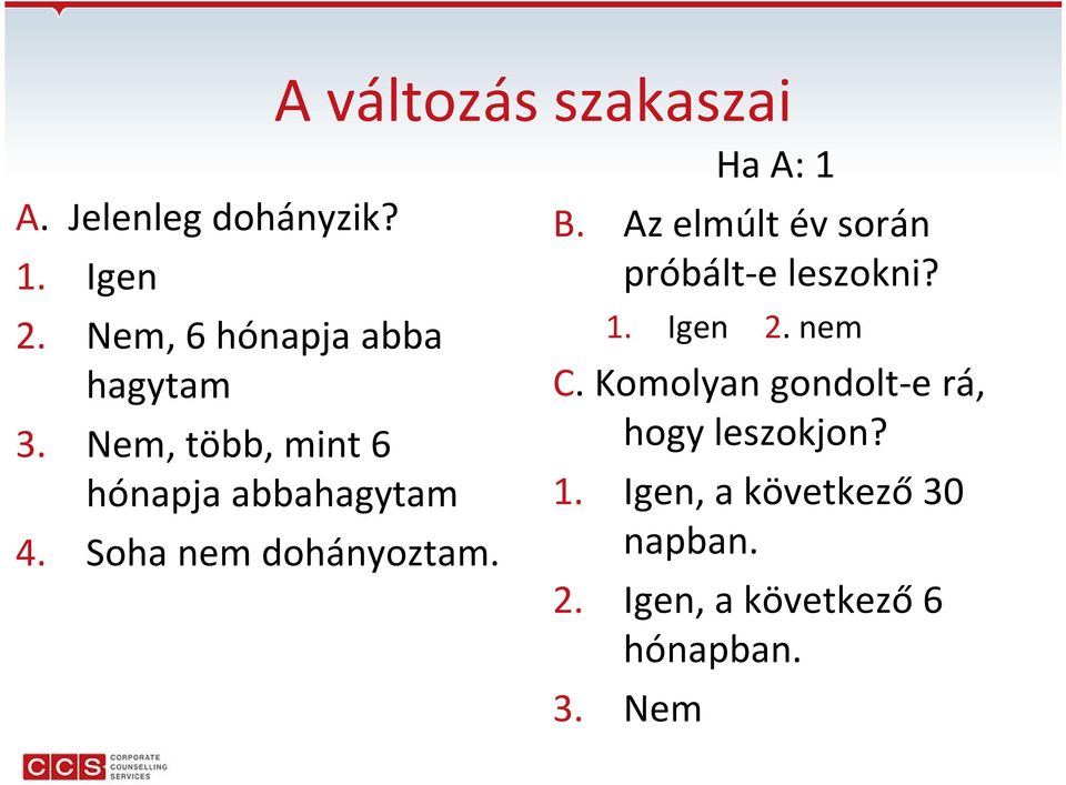 A változás szakaszai Ha A: 1 B. Az elmúlt év során próbált-e leszokni? 1. Igen 2.