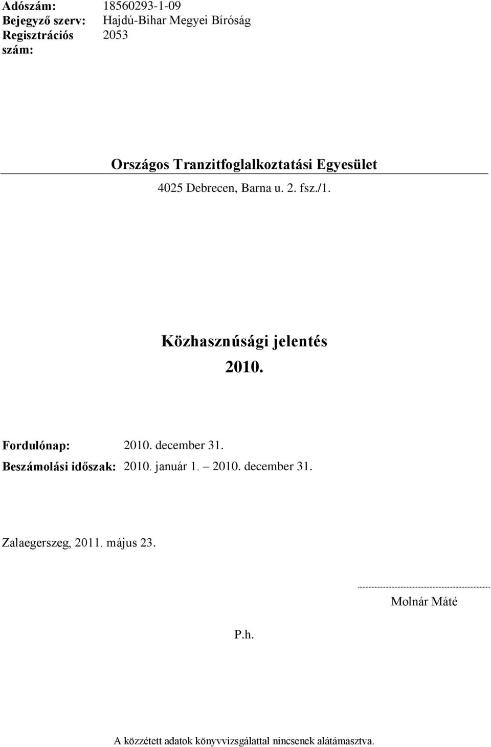 december 31. Beszámolási időszak: 2010. január 1. 2010. december 31. Zalaegerszeg, 2011.