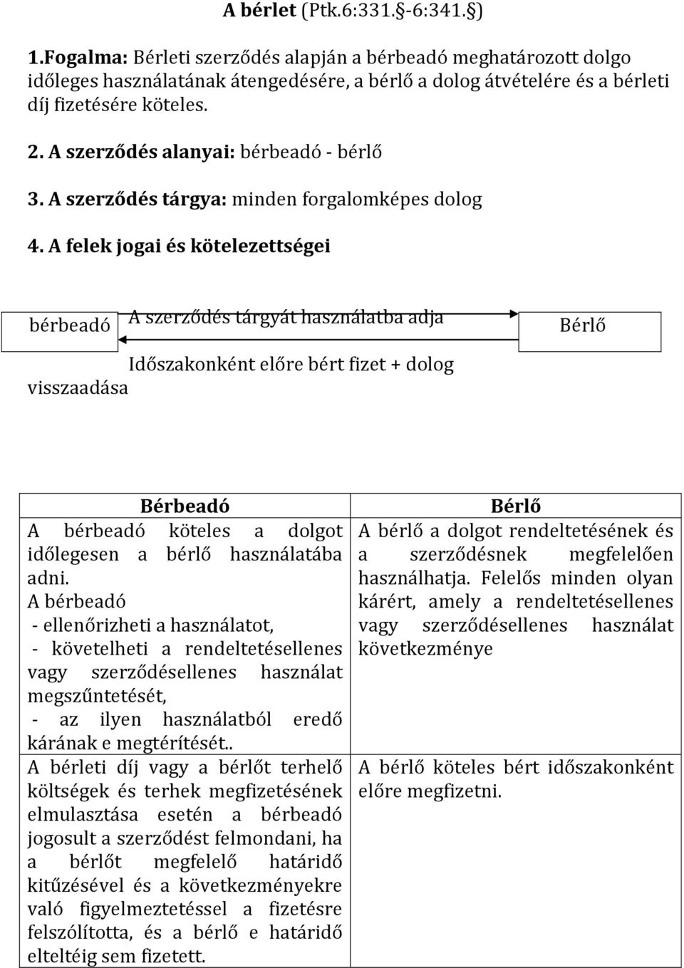 A felek jogai és kötelezettségei bérbeadó A szerződés tárgyát használatba adja Bérlő Időszakonként előre bért fizet + dolog visszaadása Bérbeadó A bérbeadó köteles a dolgot időlegesen a bérlő
