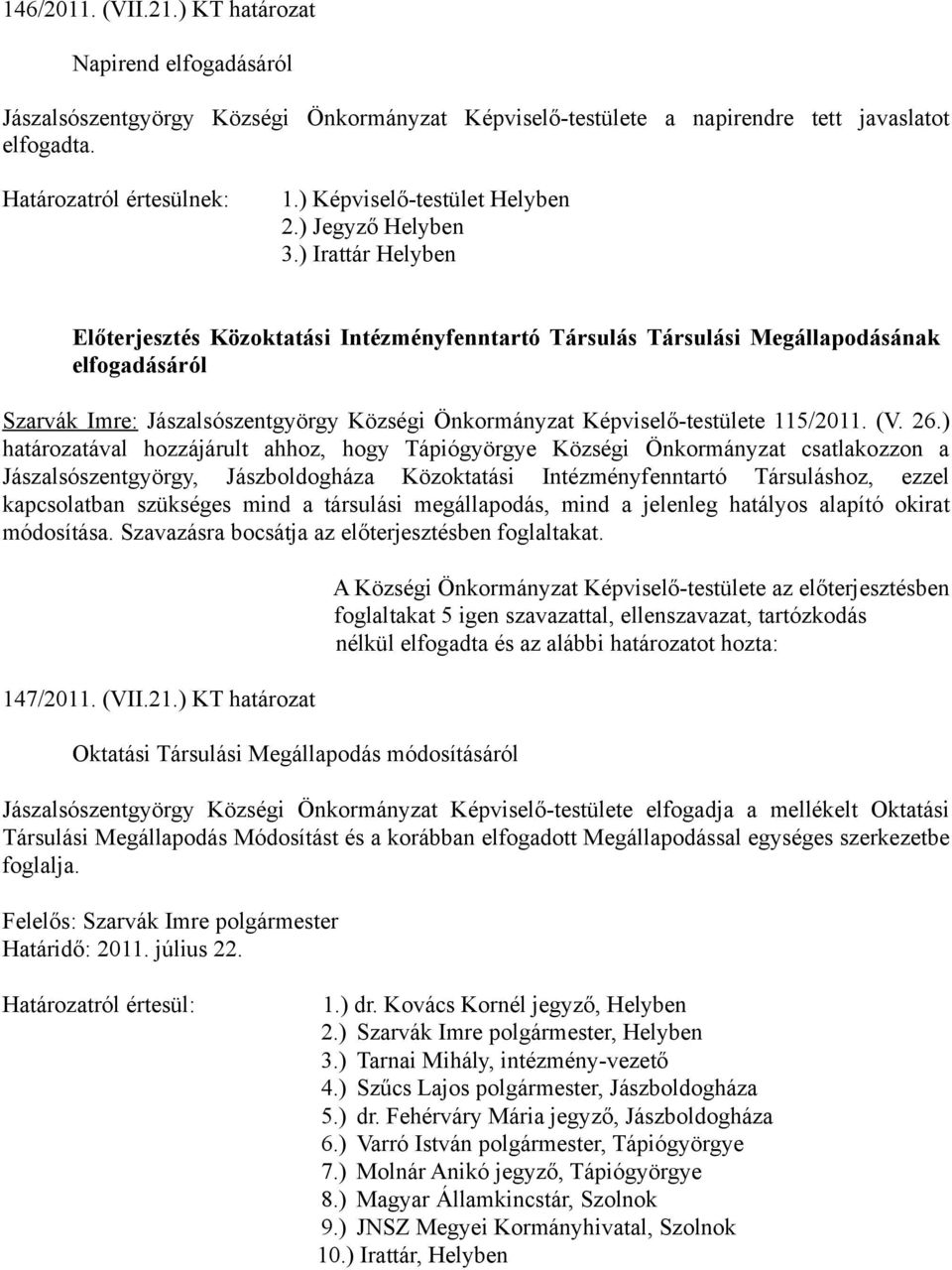 ) Irattár Helyben Előterjesztés Közoktatási Intézményfenntartó Társulás Társulási Megállapodásának elfogadásáról Szarvák Imre: Jászalsószentgyörgy Községi Önkormányzat Képviselő-testülete 115/2011.