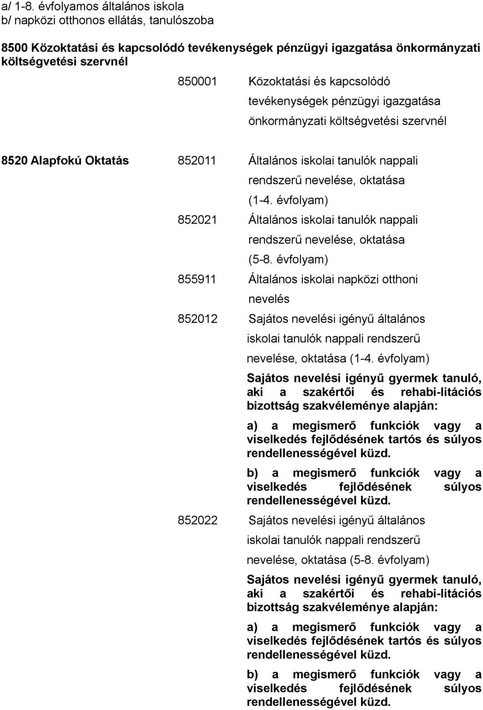 kapcsolódó tevékenységek pénzügyi igazgatása önkormányzati költségvetési szervnél 8520 Alapfokú Oktatás 852011 Általános iskolai tanulók nappali rendszerű nevelése, oktatása (1-4.