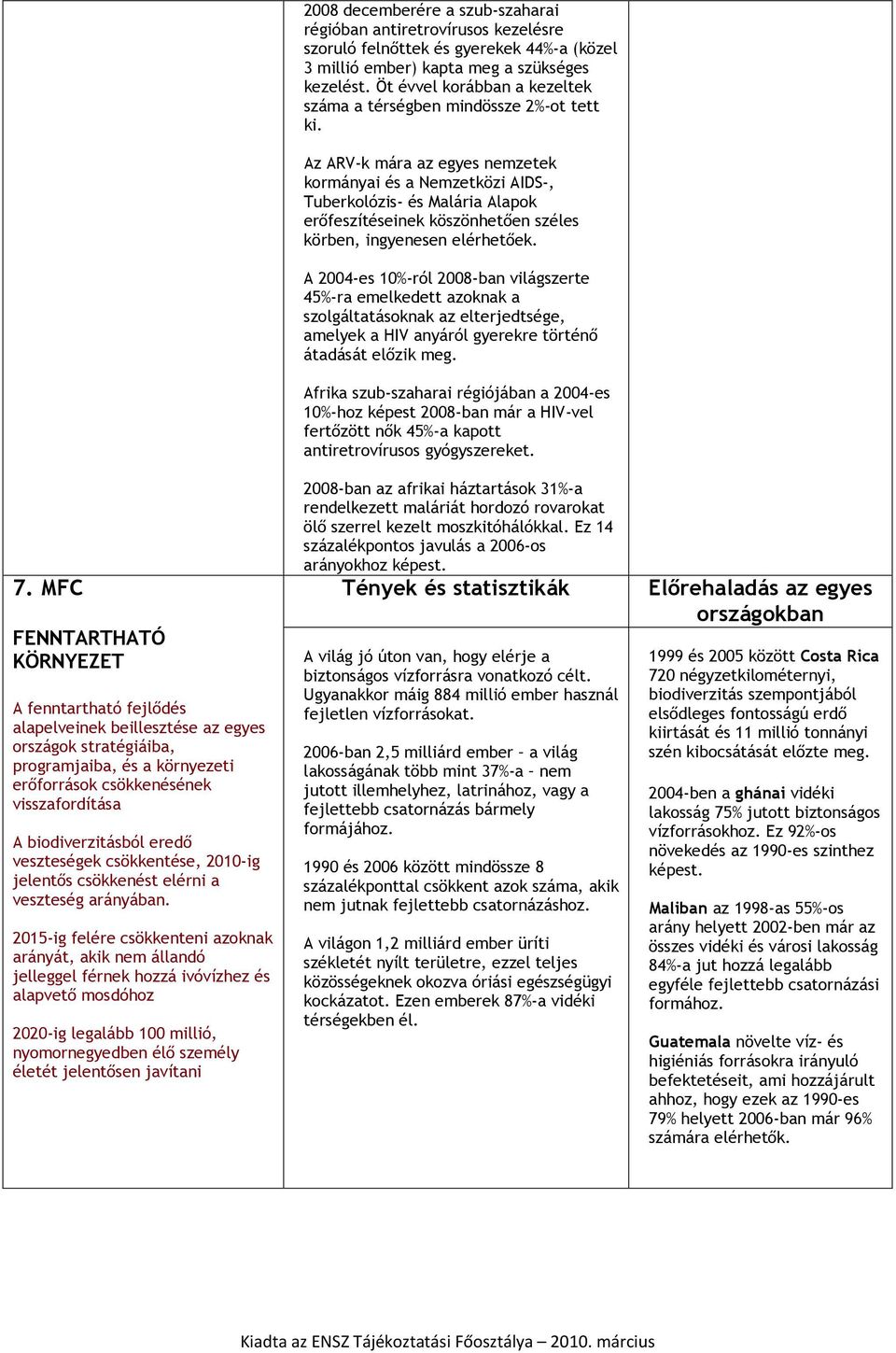 2015-ig felére csökkenteni azoknak arányát, akik nem állandó jelleggel férnek hozzá ivóvízhez és alapvető mosdóhoz 2020-ig legalább 100 millió, nyomornegyedben élő személy életét jelentősen javítani