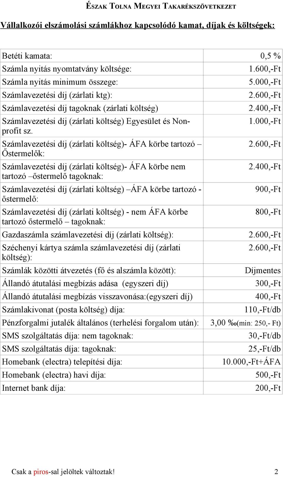 Számlavezetési díj (zárlati költség)- ÁFA körbe tartozó Őstermelők: Számlavezetési díj (zárlati költség)- ÁFA körbe nem tartozó őstermelő tagoknak: Számlavezetési díj (zárlati költség) ÁFA körbe