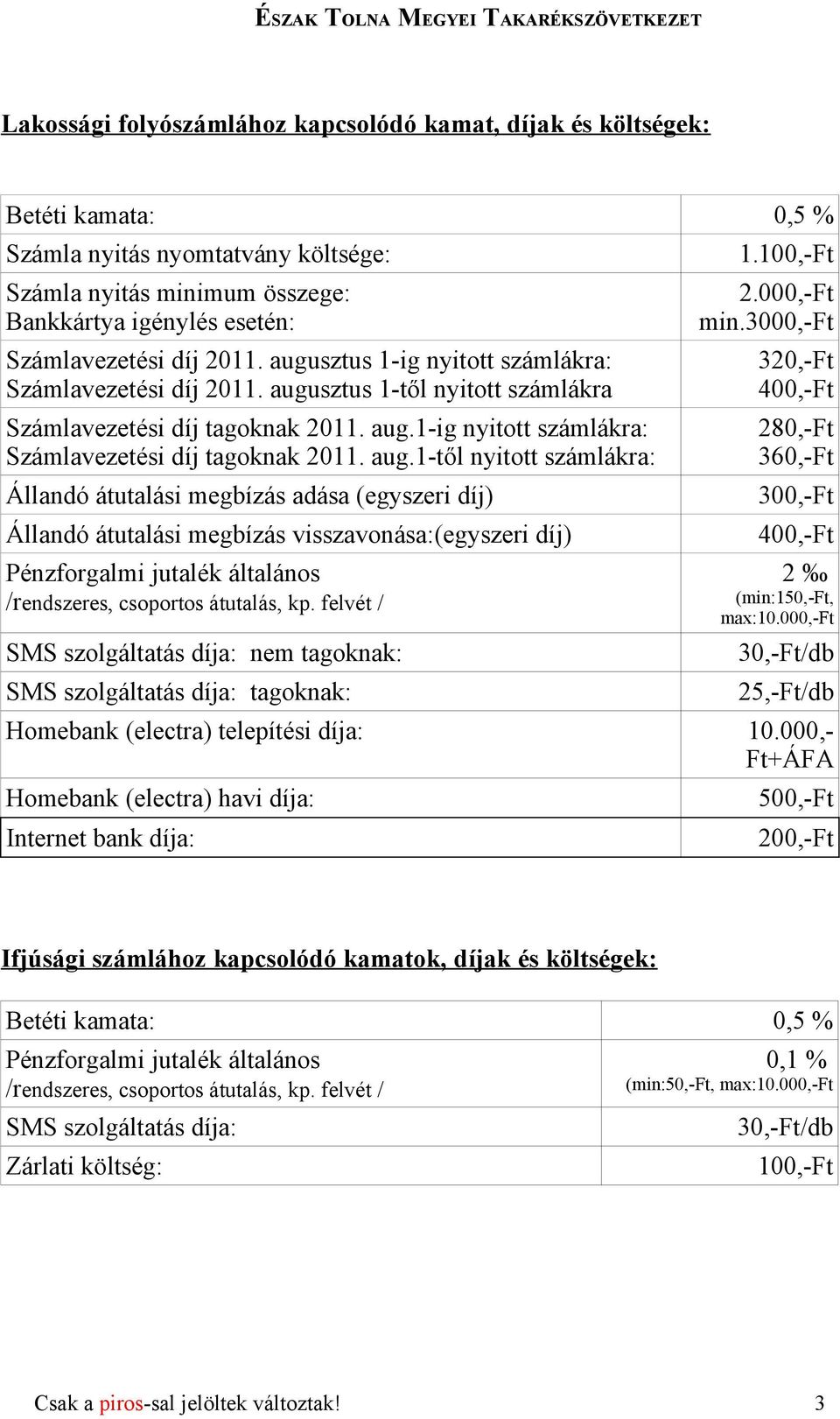 sztus 1-ig nyitott számlákra: Számlavezetési díj sztus 1-től nyitott számlákra Számlavezetési díj tagoknak 2011. aug.