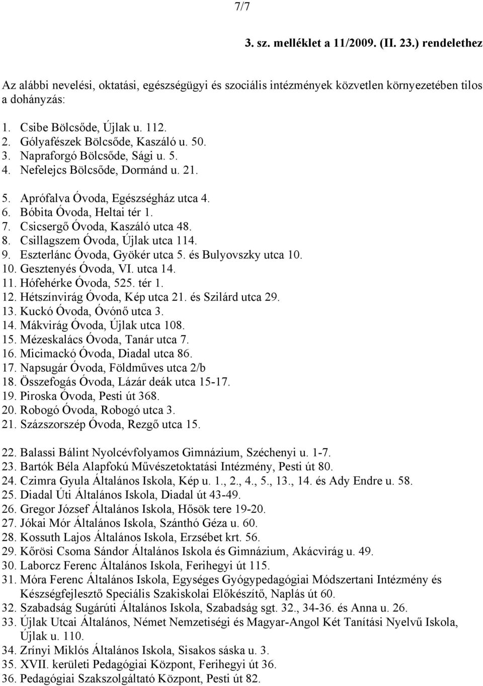 Csillagszem Óvoda, Újlak utca 114. 9. Eszterlánc Óvoda, Gyökér utca 5. és Bulyovszky utca 10. 10. Gesztenyés Óvoda, VI. utca 14. 11. Hófehérke Óvoda, 525. tér 1. 12. Hétszínvirág Óvoda, Kép utca 21.