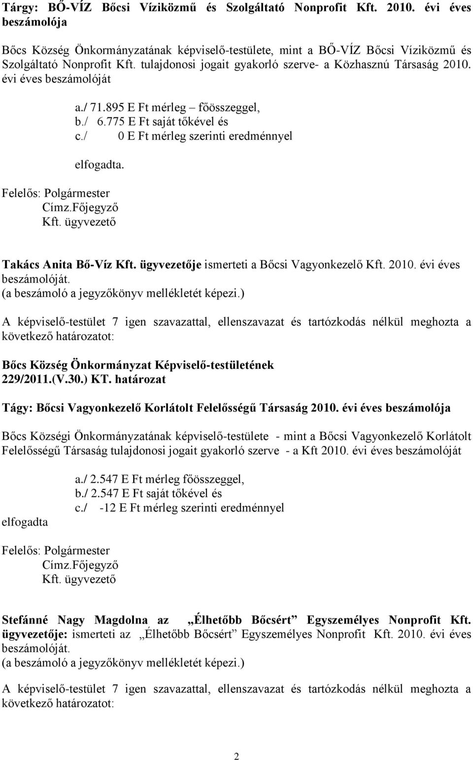 / 0 E Ft mérleg szerinti eredménnyel elfogadta. Kft. ügyvezető Takács Anita Bő-Víz Kft. ügyvezetője ismerteti a Bőcsi Vagyonkezelő Kft. 2010. évi éves beszámolóját.