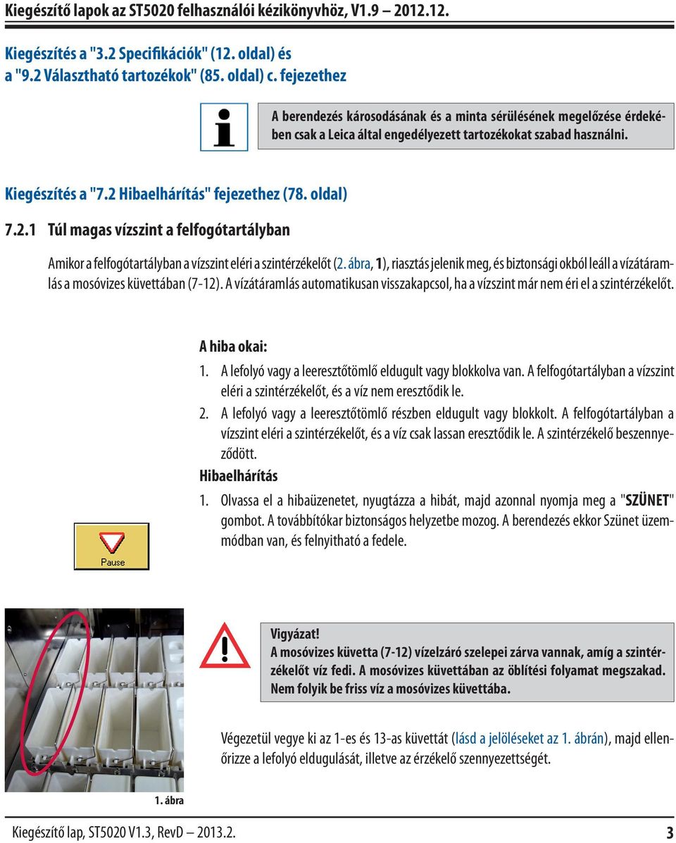 oldal) 7.2.1 Túl magas vízszint a felfogótartályban Amikor a felfogótartályban a vízszint eléri a szintérzékelőt (2.