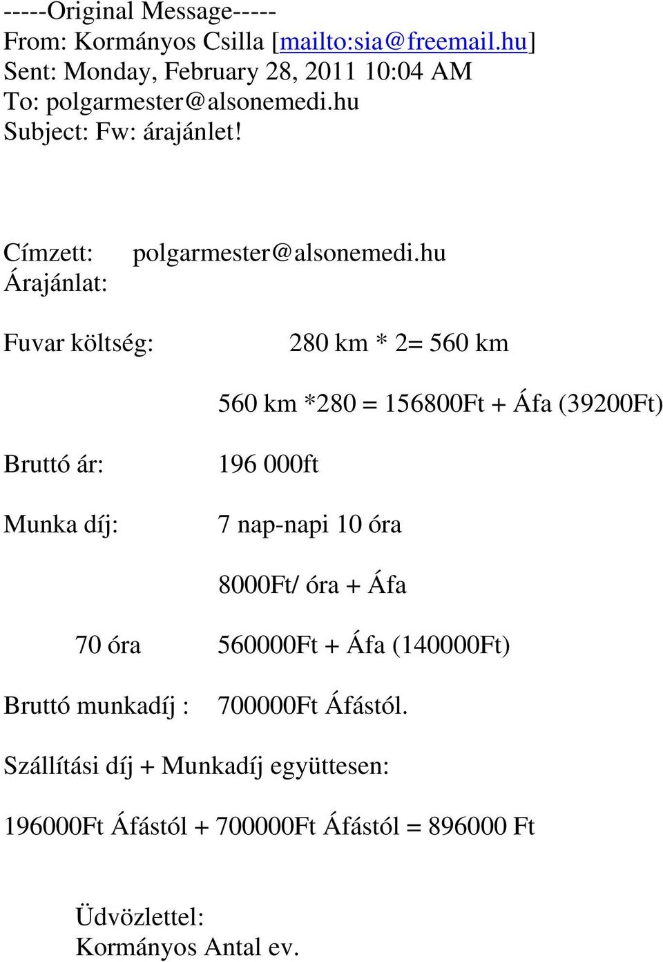 Címzett: Árajánlat: polgarmester@alsonemedi.