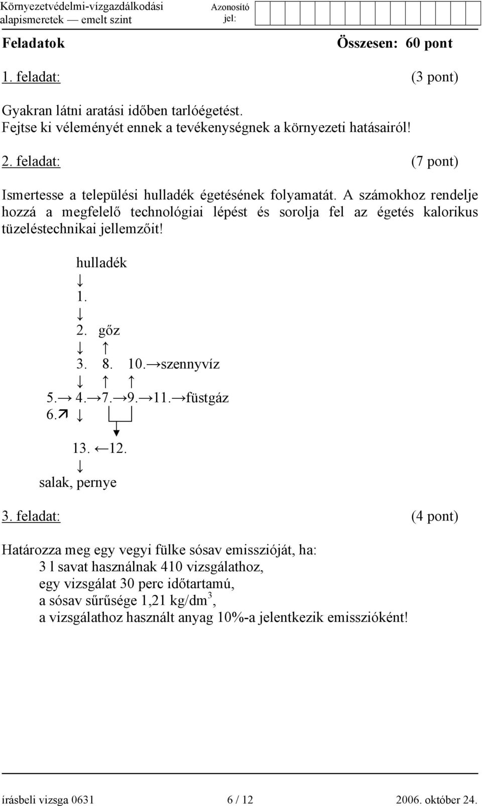 A számokhoz rendelje hozzá a megfelelő technológiai lépést és sorolja fel az égetés kalorikus tüzeléstechnikai jellemzőit! hulladék 1. 2. gőz 3. 8. 10. szennyvíz 5. 4. 7. 9. 11.