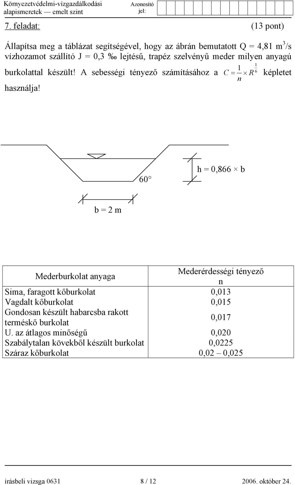 60 h = 0,866 b b = 2 m Mederburkolat anyaga Mederérdességi tényező n Sima, faragott kőburkolat 0,013 Vagdalt kőburkolat 0,015 Gondosan készült