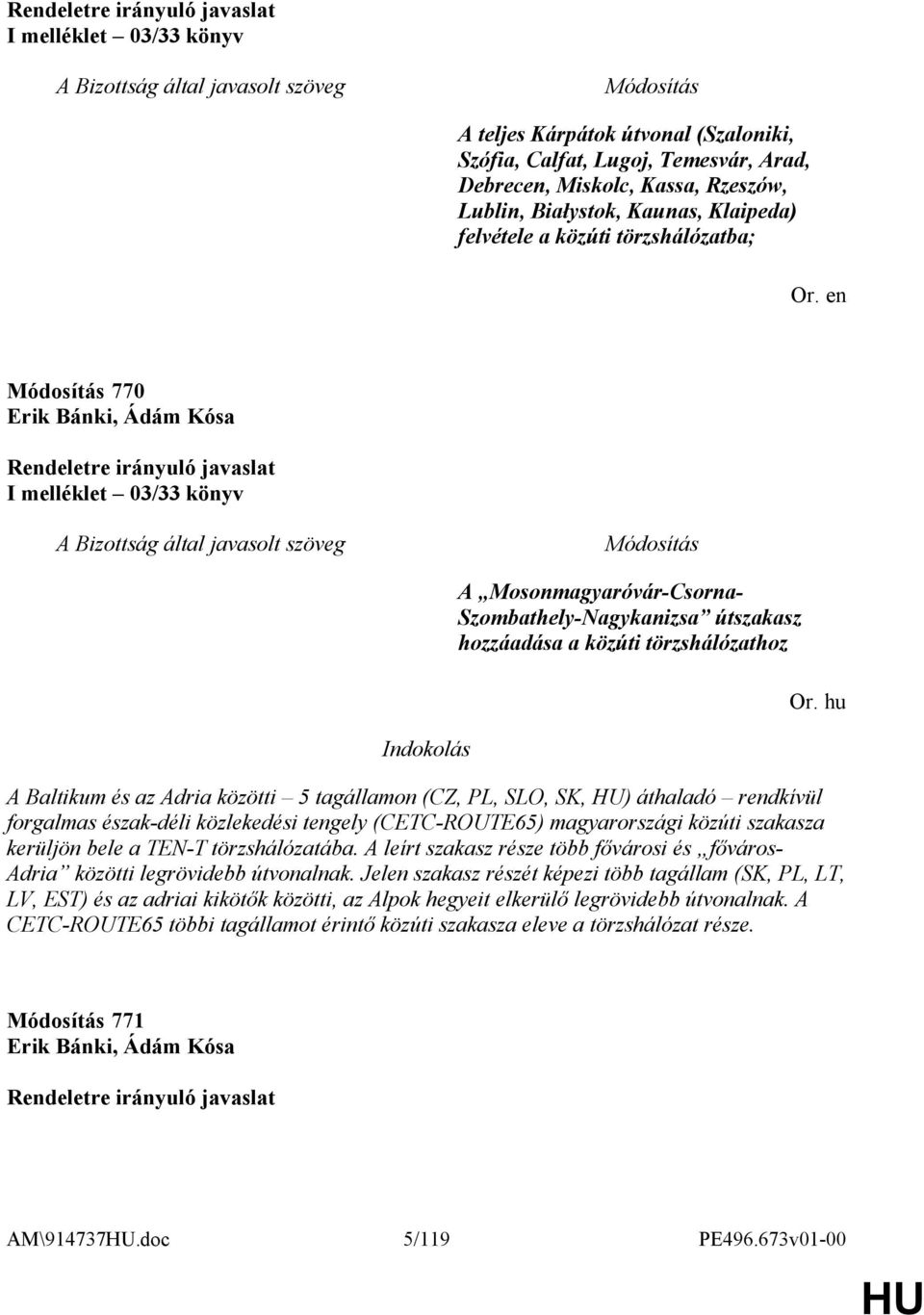 hu A Baltikum és az Adria közötti 5 tagállamon (CZ, PL, SLO, SK, ) áthaladó rendkívül forgalmas észak-déli közlekedési tengely (CETC-ROUTE65) magyarországi közúti szakasza kerüljön bele a TEN-T