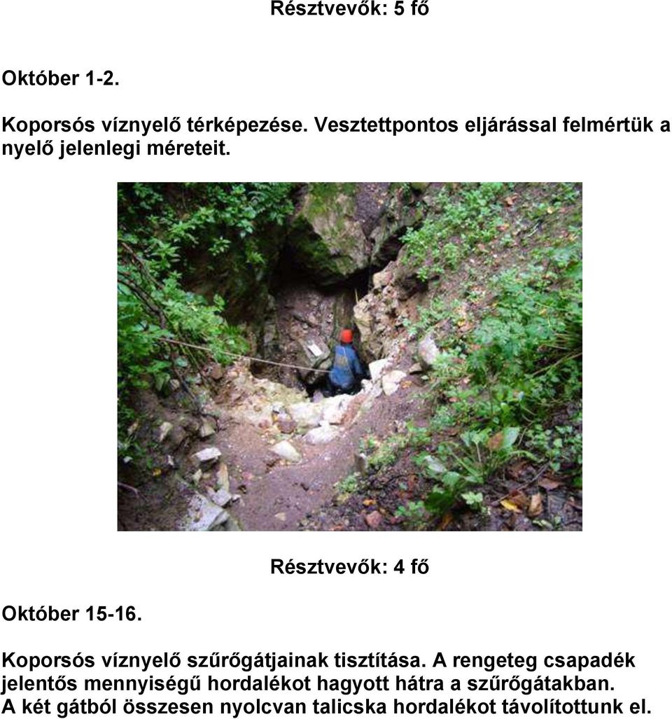 Résztvevők: 4 fő Koporsós víznyelő szűrőgátjainak tisztítása.