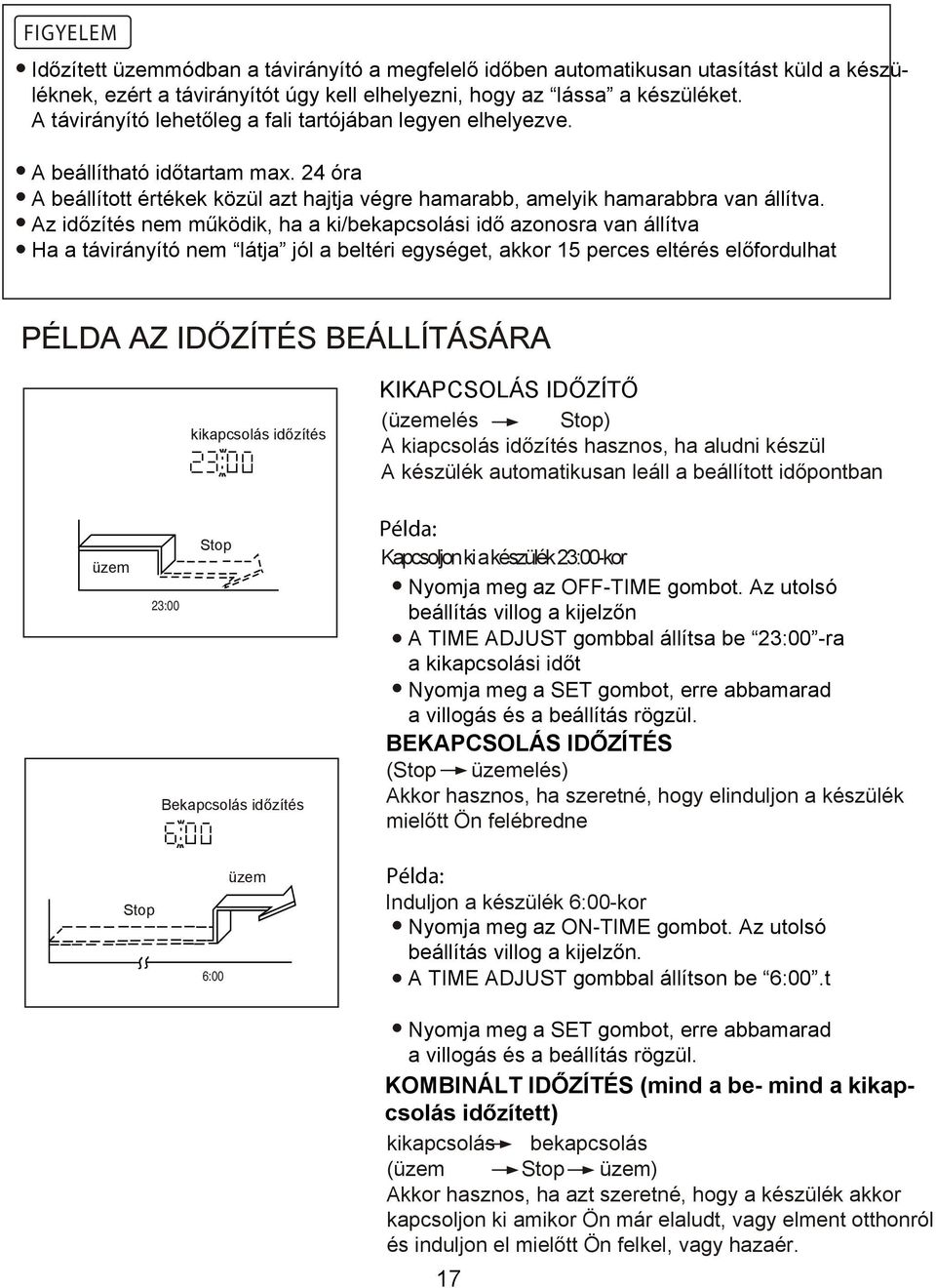 Az időzítés nem működik, ha a ki/bekapcsolási idő azonosra van állítva Ha a távirányító nem látja jól a beltéri egységet, akkor 15 perces eltérés előfordulhat PÉLDA AZ IDŐZÍTÉS BEÁLLÍTÁSÁRA