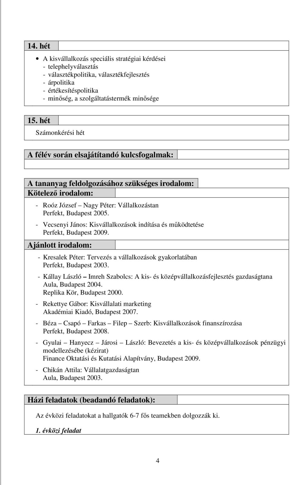 - Vecsenyi János: Kisvállalkozások indítása és mőködtetése Perfekt, Budapest 2009. Ajánlott irodalom: - Kresalek Péter: Tervezés a vállalkozások gyakorlatában Perfekt, Budapest 2003.