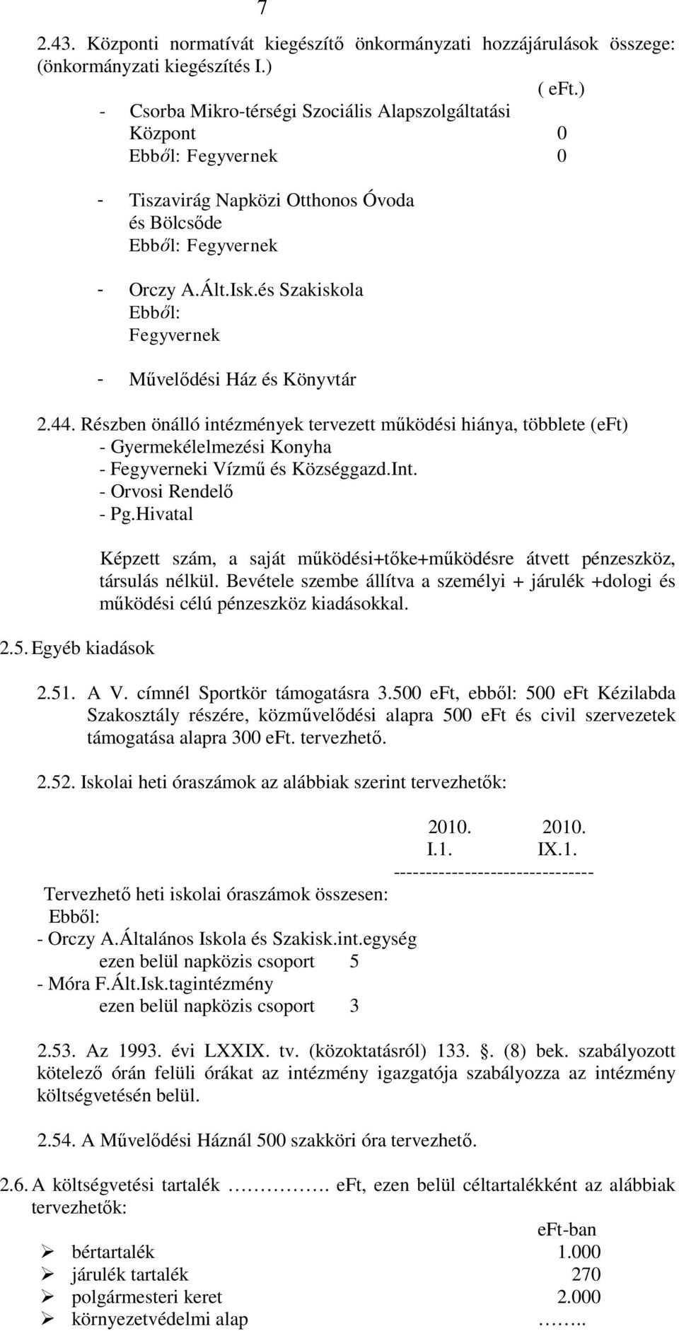 és Szakiskola Ebből: Fegyvernek - Művelődési Ház és Könyvtár 2.44. Részben önálló intézmények tervezett működési hiánya, többlete (eft) - Gyermekélelmezési Konyha - Fegyverneki Vízmű és Községgazd.