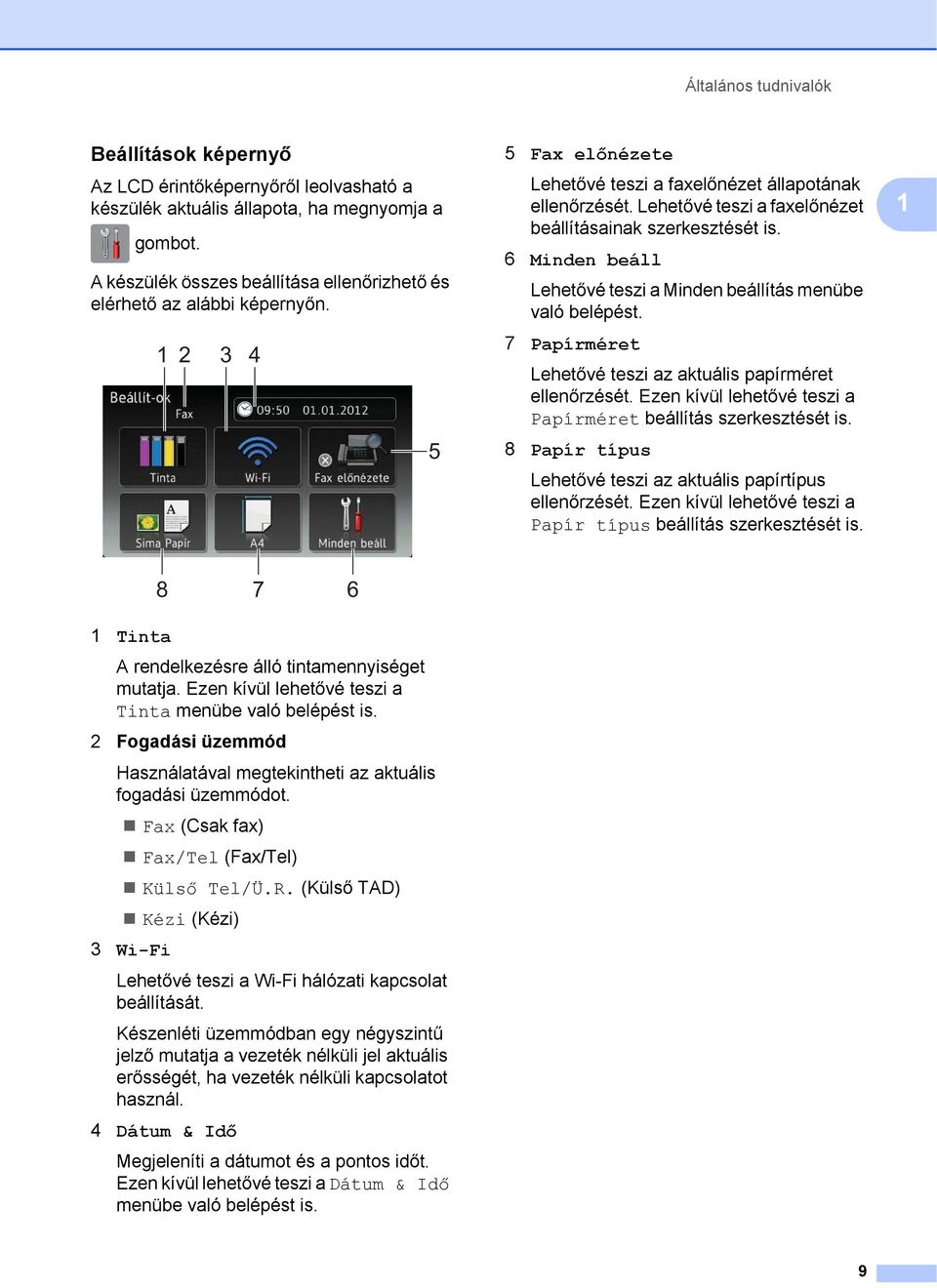 6 Minden beáll Lehetővé teszi a Minden beállítás menübe való belépést. 7 Papírméret Lehetővé teszi az aktuális papírméret ellenőrzését.