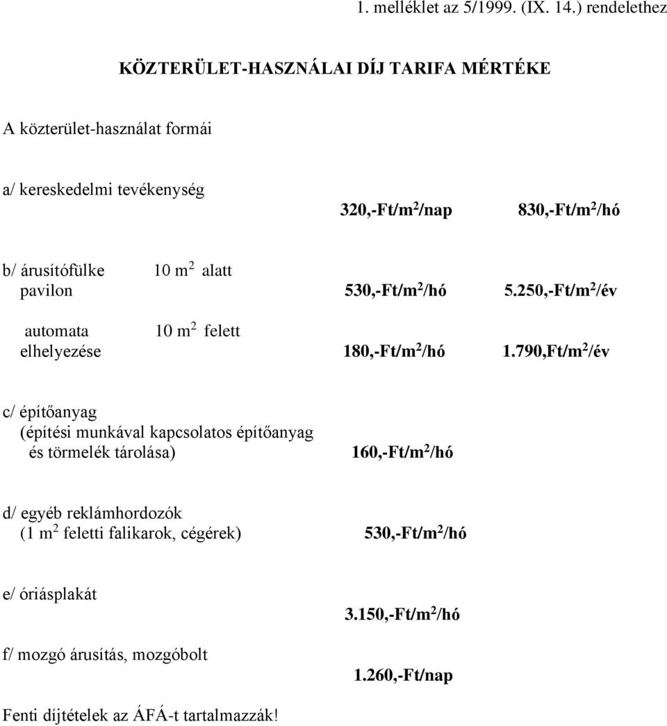 árusítófülke 10 m 2 alatt pavilon 530,-Ft/m 2 /hó 5.250,-Ft/m 2 /év automata 10 m 2 felett elhelyezése 180,-Ft/m 2 /hó 1.