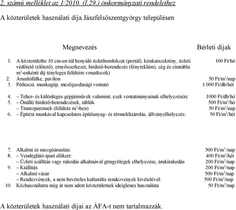 tényleges felületre vonatkozik) 2. Árusítófülke, pavilon 50 Ft/m 2 /nap 3. Pótkocsi, munkagép, mezőgazdasági vontató 1 000 Ft/db/hét 4.