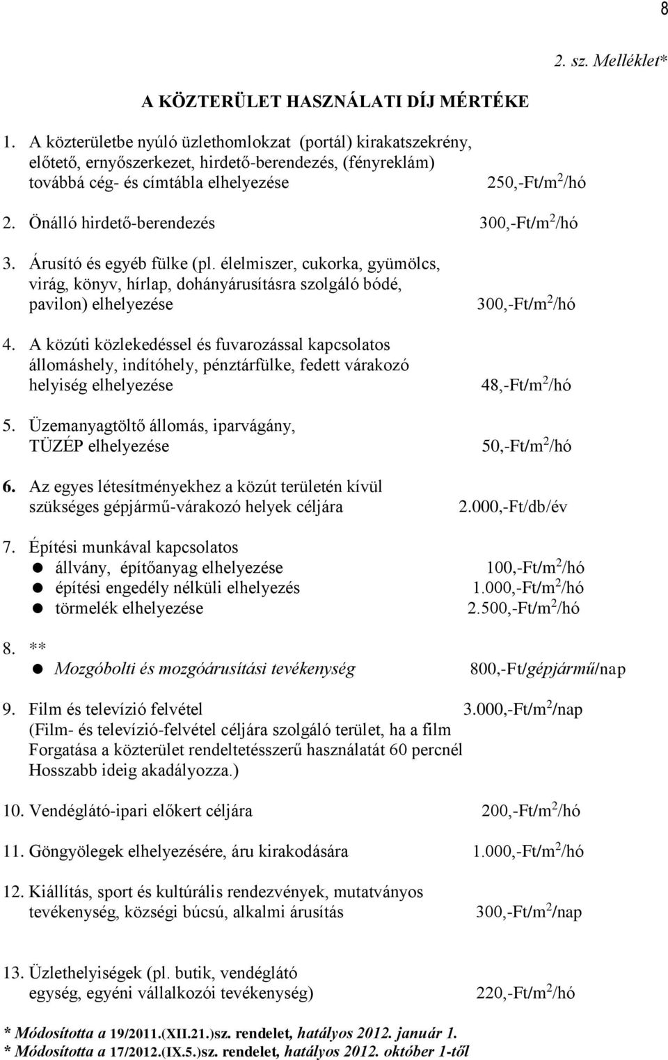 Önálló hirdető-berendezés 300,-Ft/m 2 /hó 3. Árusító és egyéb fülke (pl. élelmiszer, cukorka, gyümölcs, virág, könyv, hírlap, dohányárusításra szolgáló bódé, pavilon) elhelyezése 4.