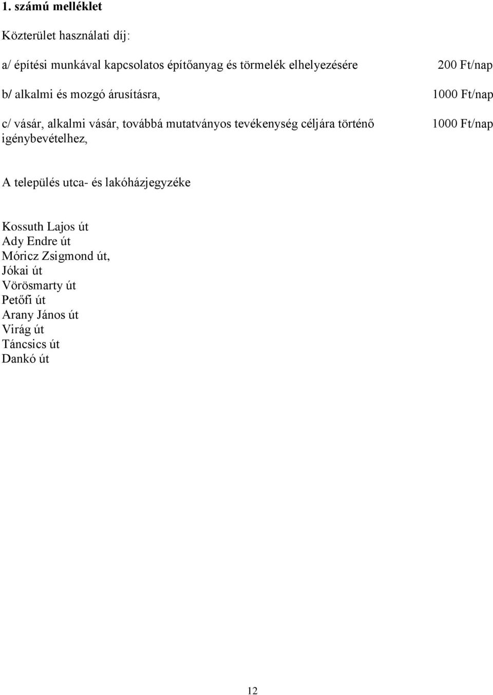 mutatványos tevékenység céljára történő 1000 Ft/nap igénybevételhez, A település utca- és lakóházjegyzéke