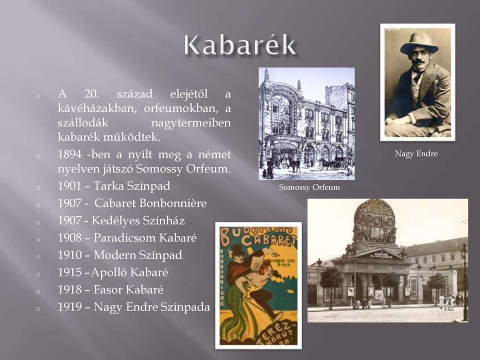 1901 Tarka Színpad 1907 - Cabaret Bnbnnière 1907 - Kedélyes Színház 1908 Paradicsm