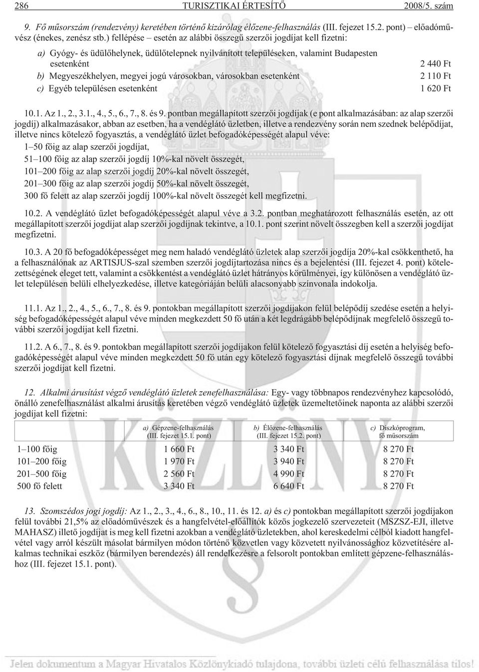 megyei jogú városokban, városokban esetenként 2 110 Ft c) Egyéb településen esetenként 1 620 Ft 10.1. Az 1., 2., 3.1., 4., 5., 6., 7., 8. és 9.