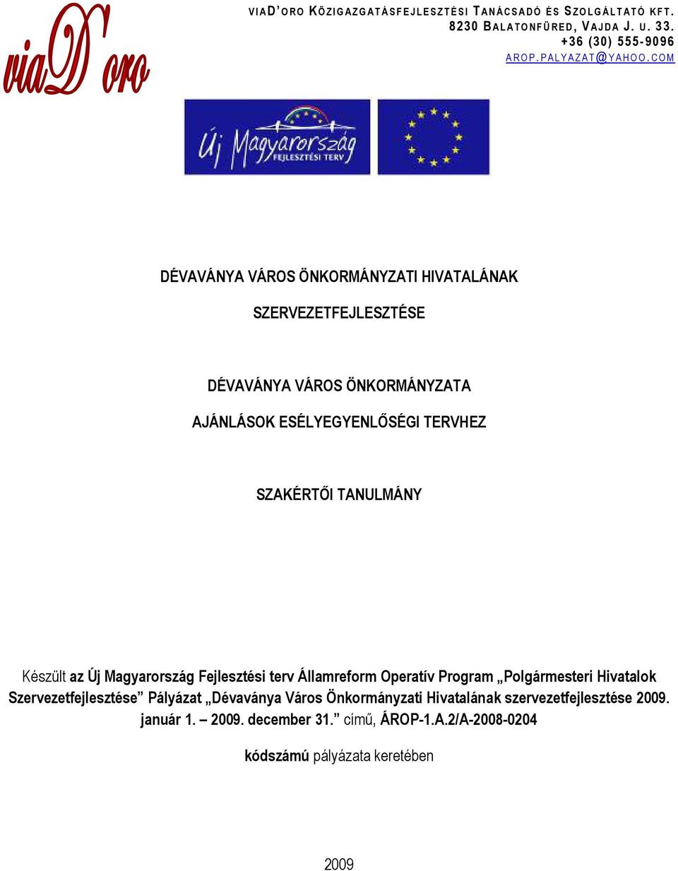 TANULMÁNY Készült az Új Magyarország Fejlesztési terv Államreform Operatív Program Polgármesteri Hivatalok Szervezetfejlesztése Pályázat