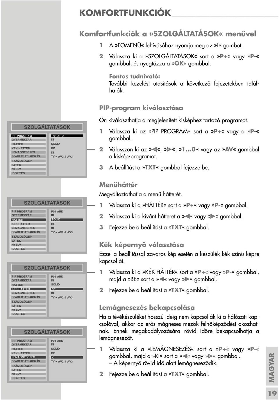 PIP-program kiválasztása SZOLGÁLTATÁSOK PIP PROGRAM P01 ARD GYERMEKZÁR KI HÁTTÉR SOLID KÉK HÁTTÉR BE LEMÁGNESEZÉS KI SCART CSATLAKOZÁS TV AV2 & AV3 SZÁMOLÓGÉP JÁTÉK NYELV IDOZÍTÉS Ön kiválaszthatja a