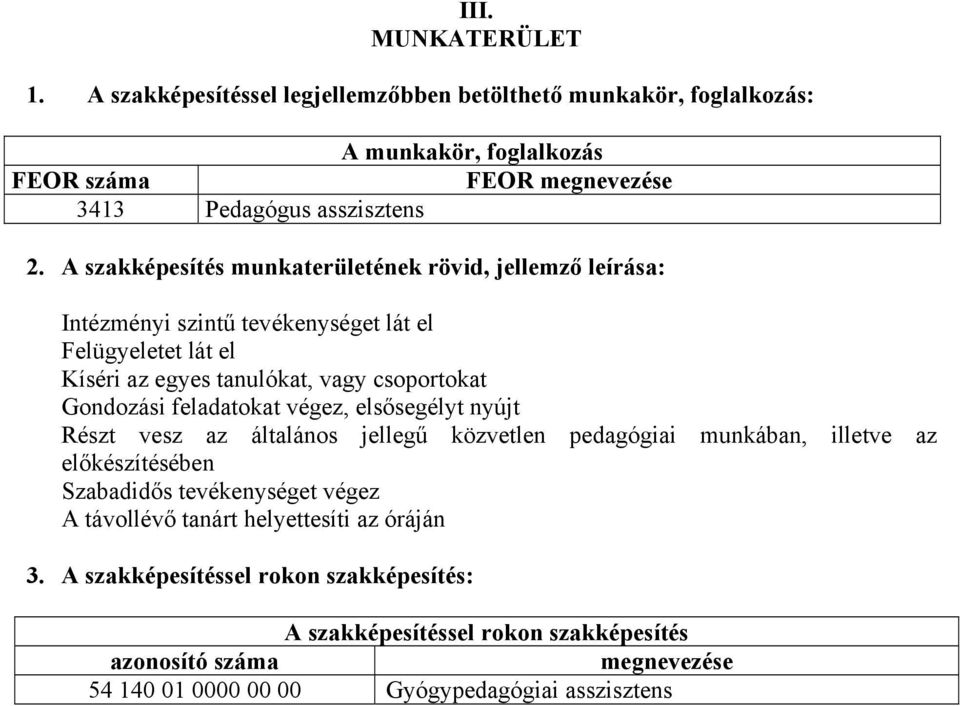 feladatokat végez, elsősegélyt nyújt Részt vesz az általános jellegű közvetlen pedagógiai munkában, illetve az előkészítésében Szabadidős tevékenységet végez A távollévő