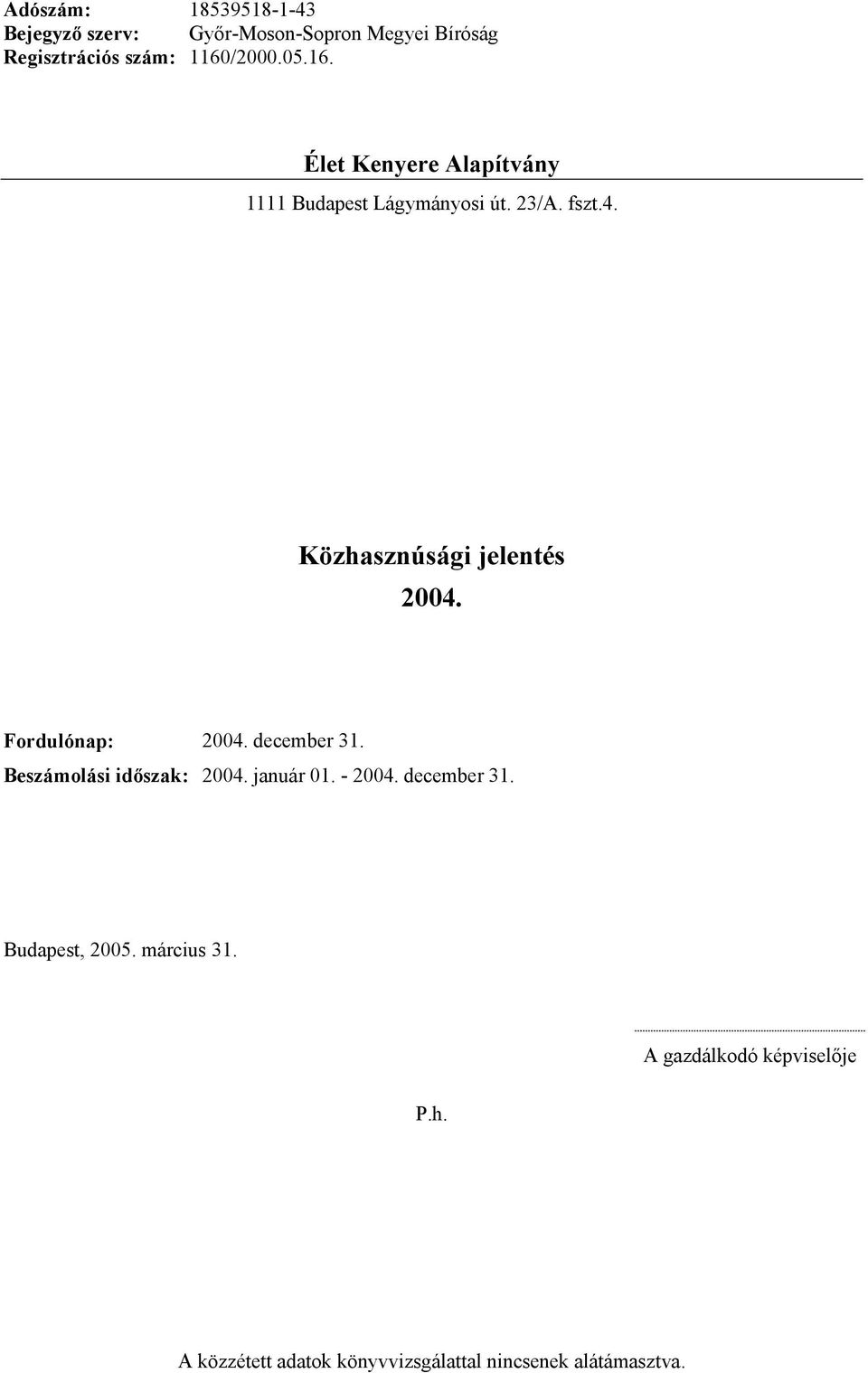 Fordulónap: 2004. december 31. Beszámolási időszak: 2004. január 01. - 2004. december 31. Budapest, 2005.