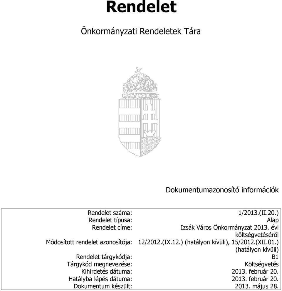 évi költségvetéséről Módosított rendelet azonosítója: 12/2012