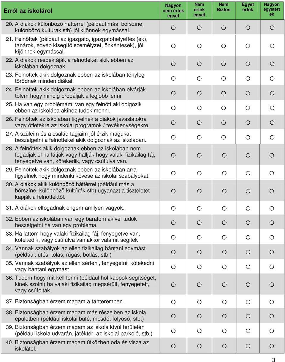 A diákok respektáják a felnőtteket akik ebben az iskolában dolgoznak. 23. Felnőttek akik dolgoznak ebben az iskolában tényleg törődnek minden diákal. 24.