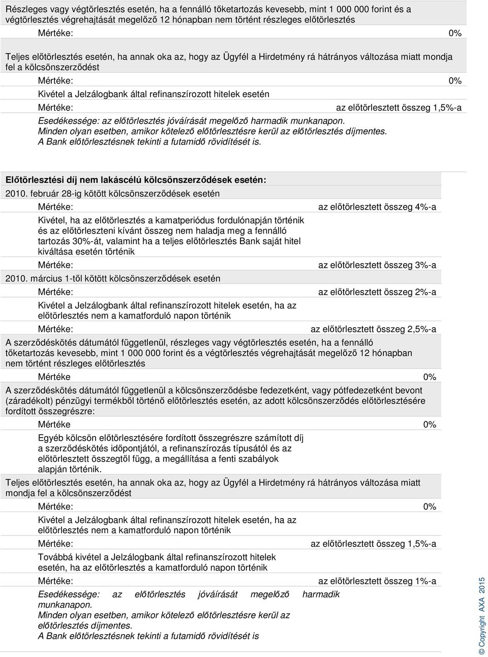 Esedékessége: az előtörlesztés jóváírását megelőző harmadik munkanapon. Minden olyan esetben, amikor kötelező előtörlesztésre kerül az előtörlesztés díjmentes.