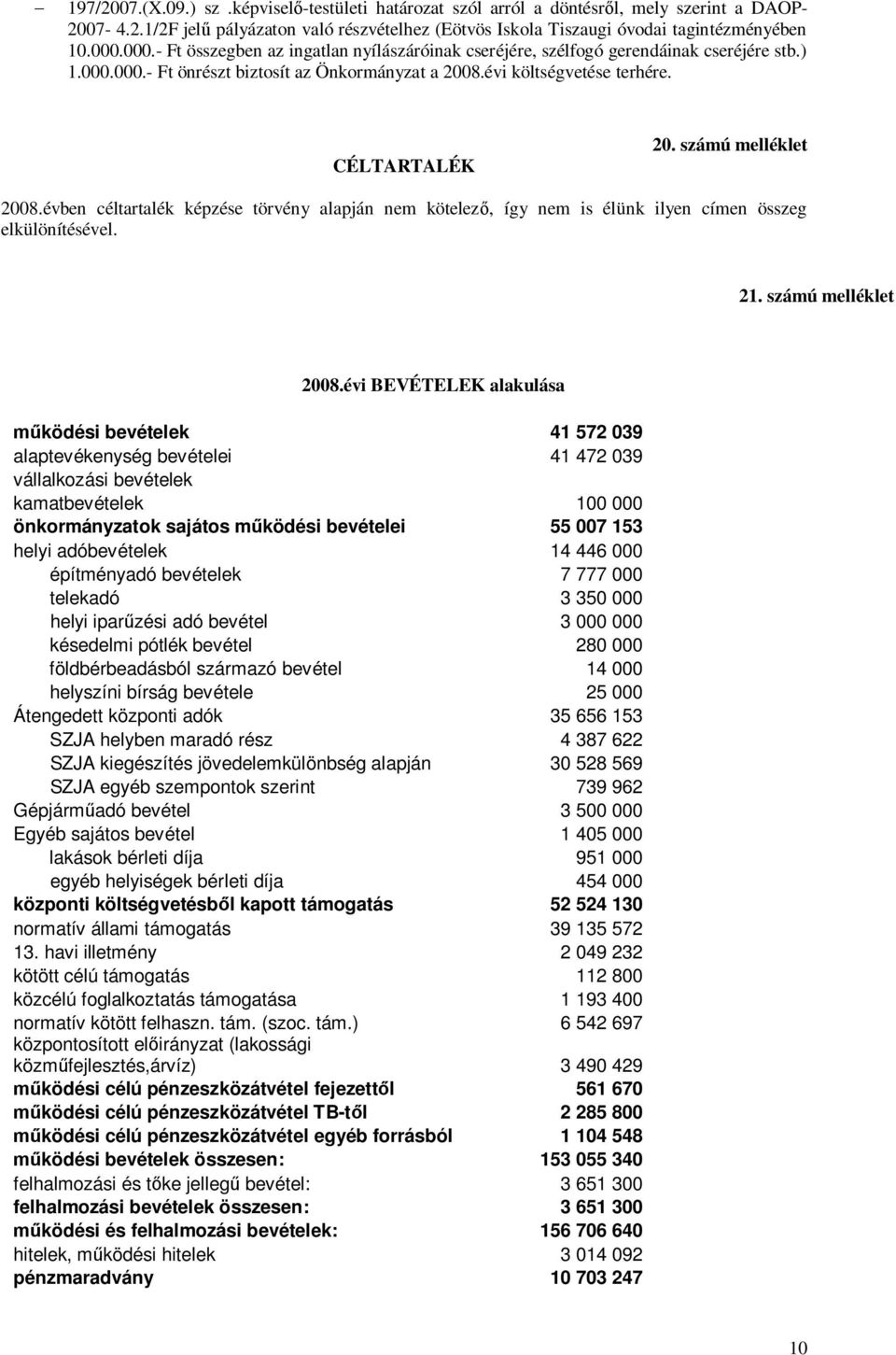 számú melléklet 2008.évben céltartalék képzése törvény alapján nem kötelező, így nem is élünk ilyen címen összeg elkülönítésével. 21. számú melléklet 2008.