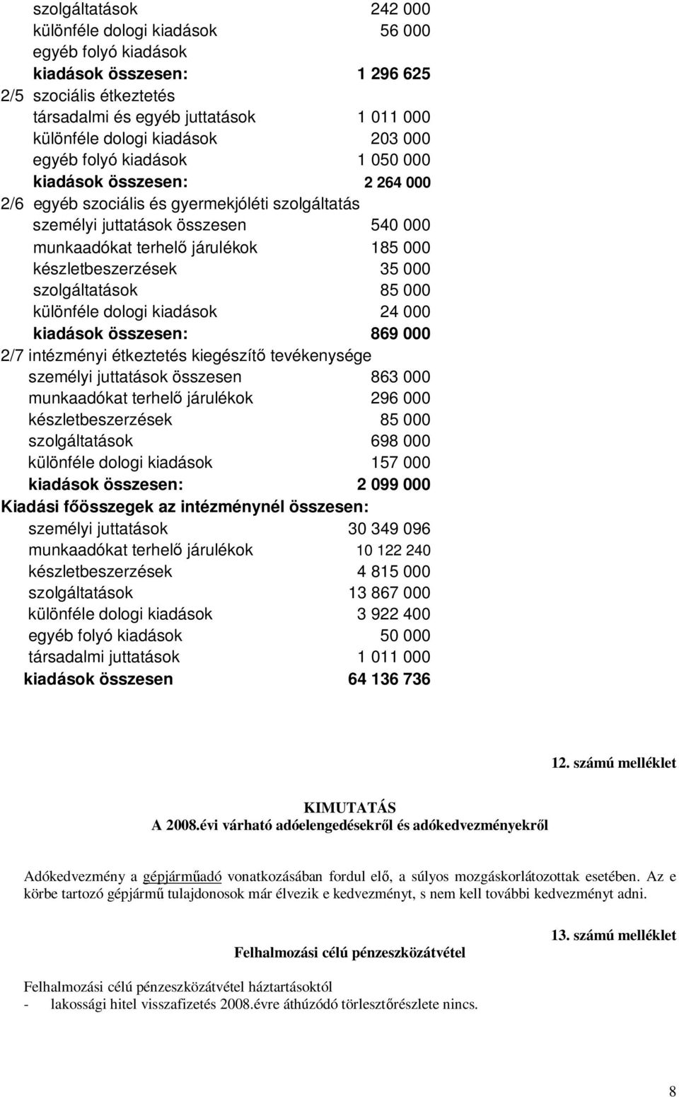 készletbeszerzések 35 000 szolgáltatások 85 000 különféle dologi kiadások 24 000 kiadások összesen: 869 000 2/7 intézményi étkeztetés kiegészítő tevékenysége személyi juttatások összesen 863 000