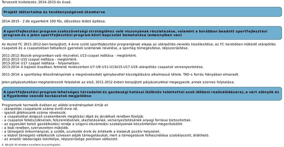 bemutatása (amennyiben van) Az Aszód FC 2011-2012-ben benyújtott, 4 évre szóló sportfejlesztési programjának alapja az utánpótlás-nevelés kiszélesítése, az FC keretében működő utánpótlás csapatok és