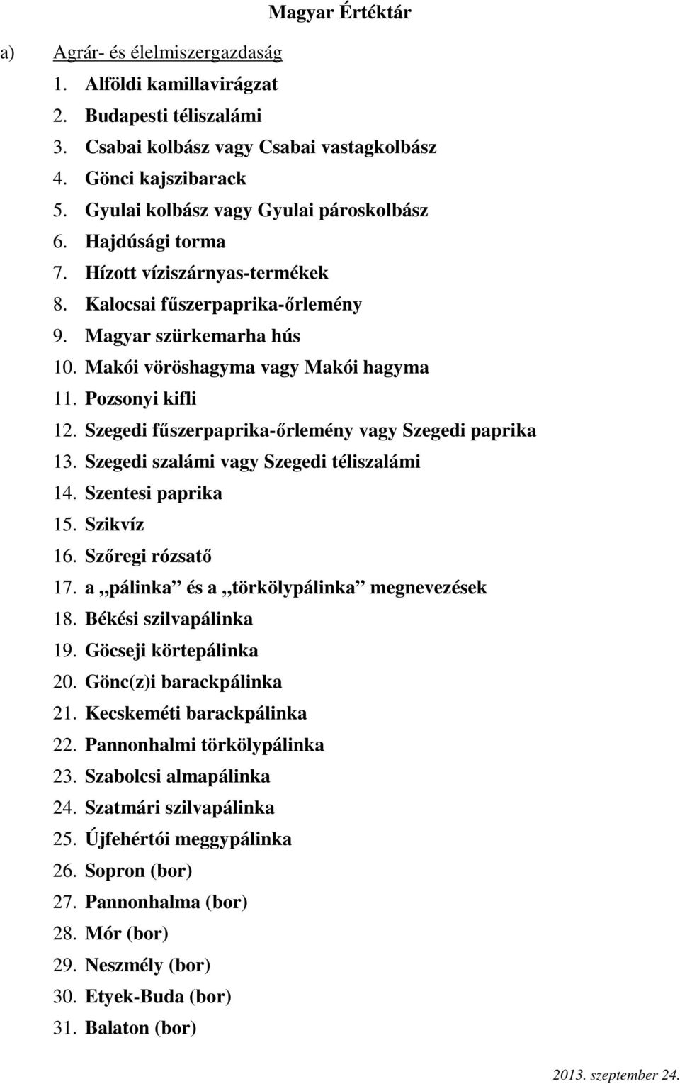 Pozsonyi kifli 12. Szegedi fűszerpaprika-őrlemény vagy Szegedi paprika 13. Szegedi szalámi vagy Szegedi téliszalámi 14. Szentesi paprika 15. Szikvíz 16. Szőregi rózsatő 17.