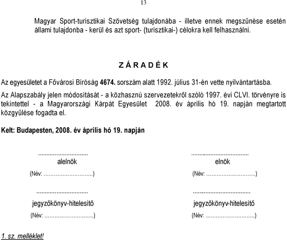 Az Alapszabály jelen módosítását - a közhasznú szervezetekről szóló 1997. évi CLVI. törvényre is tekintettel - a Magyarországi Kárpát Egyesület 2008.