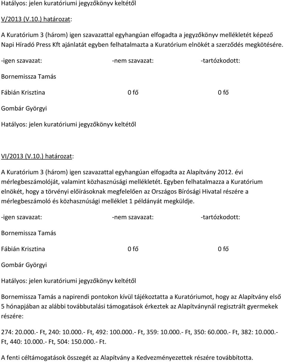 Egyben felhatalmazza a Kuratórium elnökét, hogy a törvényi előírásoknak megfelelően az Országos Bírósági Hivatal részére a mérlegbeszámoló és közhasznúsági melléklet 1 példányát megküldje.