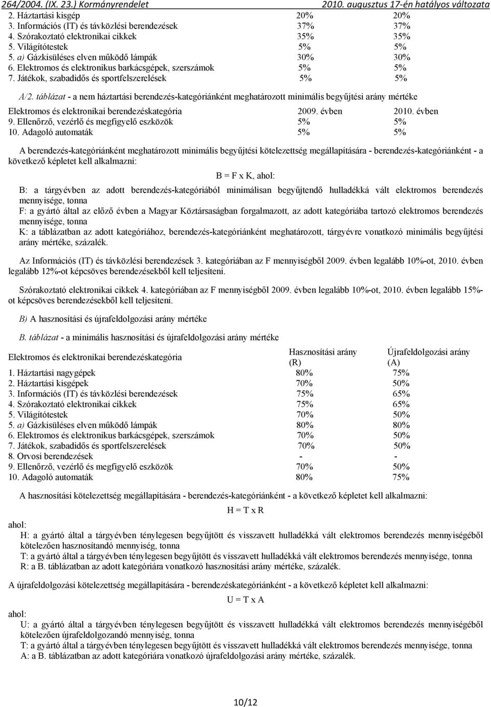 táblázat - a nem háztartási berendezés-kategóriánként meghatározott minimális begyűjtési arány mértéke Elektromos és elektronikai berendezéskategória 2009. évben 2010. évben 9.